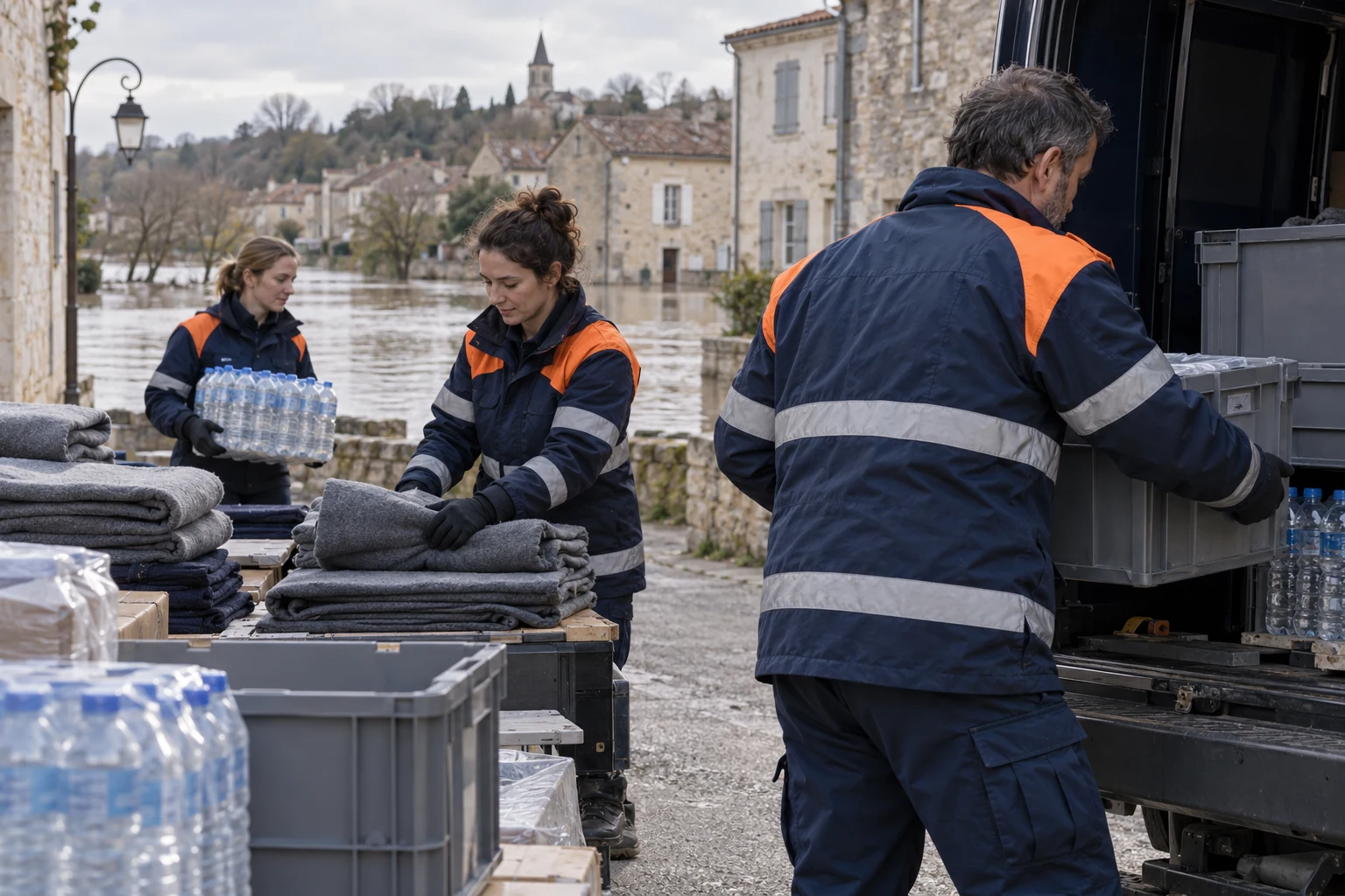 Illustration d’une opération de distribution de matériel essentiel après une inondation